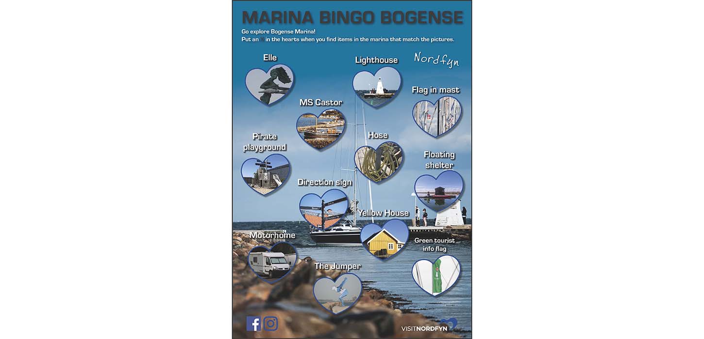Illustration of the bingo card for the scavenger hunt at Bogense Marina