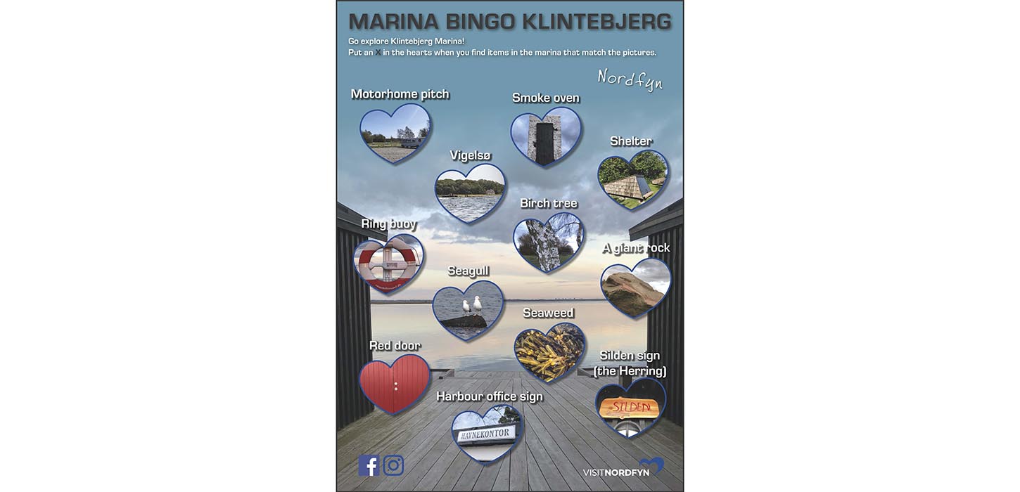 Illustration of the bingo card for the scavenger hunt at Klintebjerg Marina