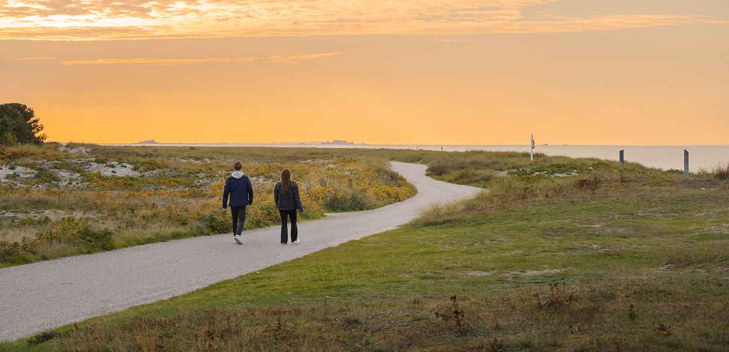 Par går tur ved Flyvesandet i solnedgang