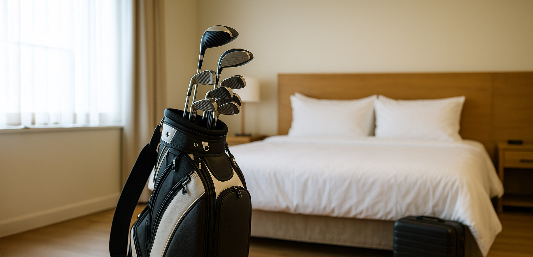 Golftaske på værelse med seng til overnatning